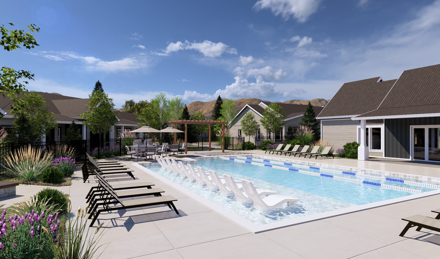 Resort style swimming pool with seating, barbecue grills and firepit