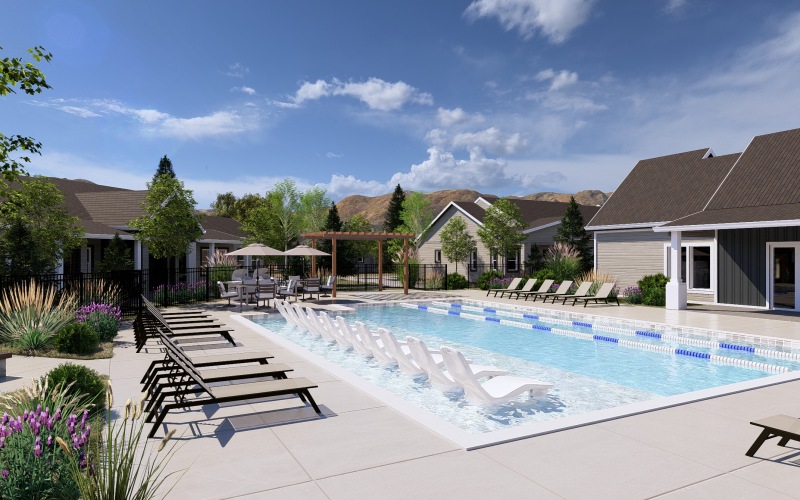 Resort Style Pool with seating, barbecues and firepit