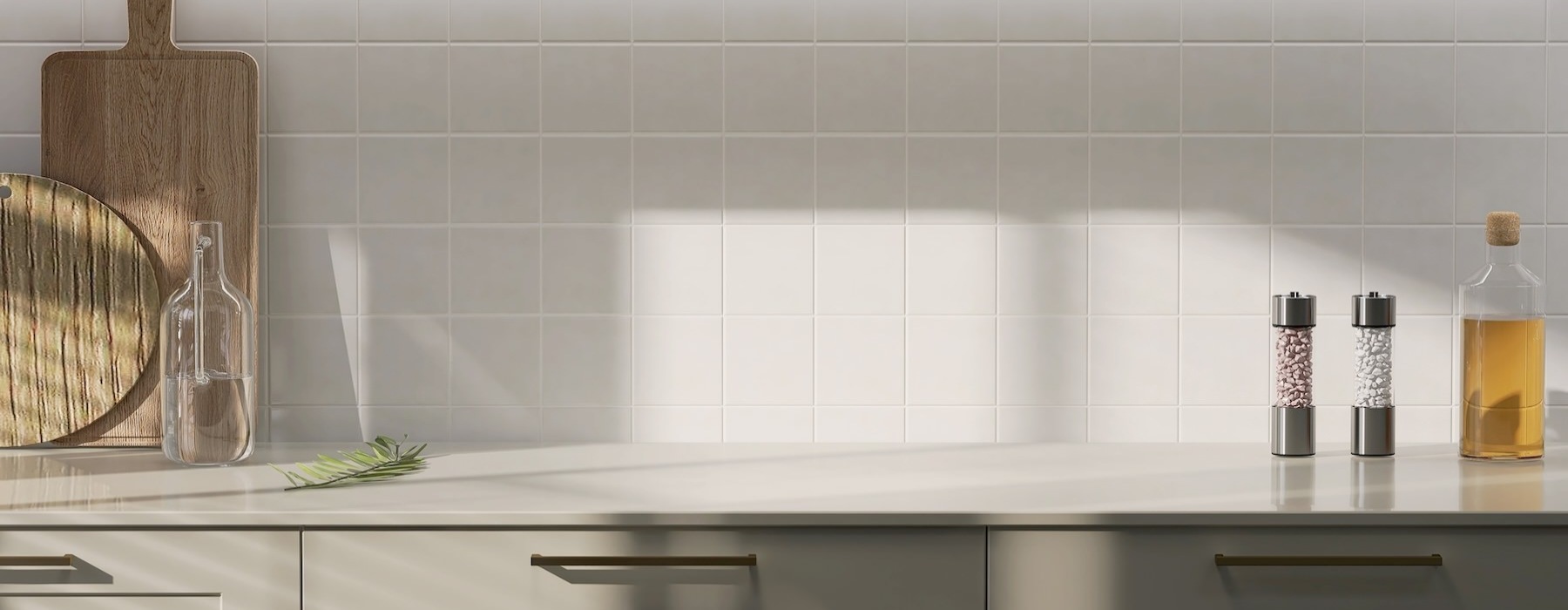 a kitchen counter with cutting boards